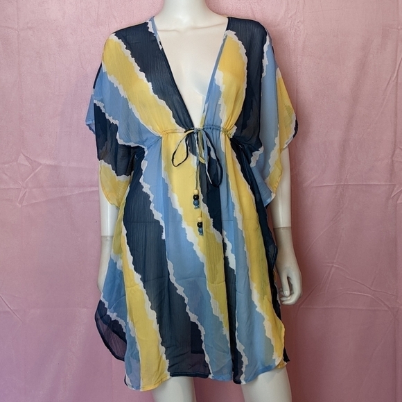 Jessica Simpson Smooth Sailing Blue and Yellow Striped Swim Coverup Top Medium - Picture 1 of 6